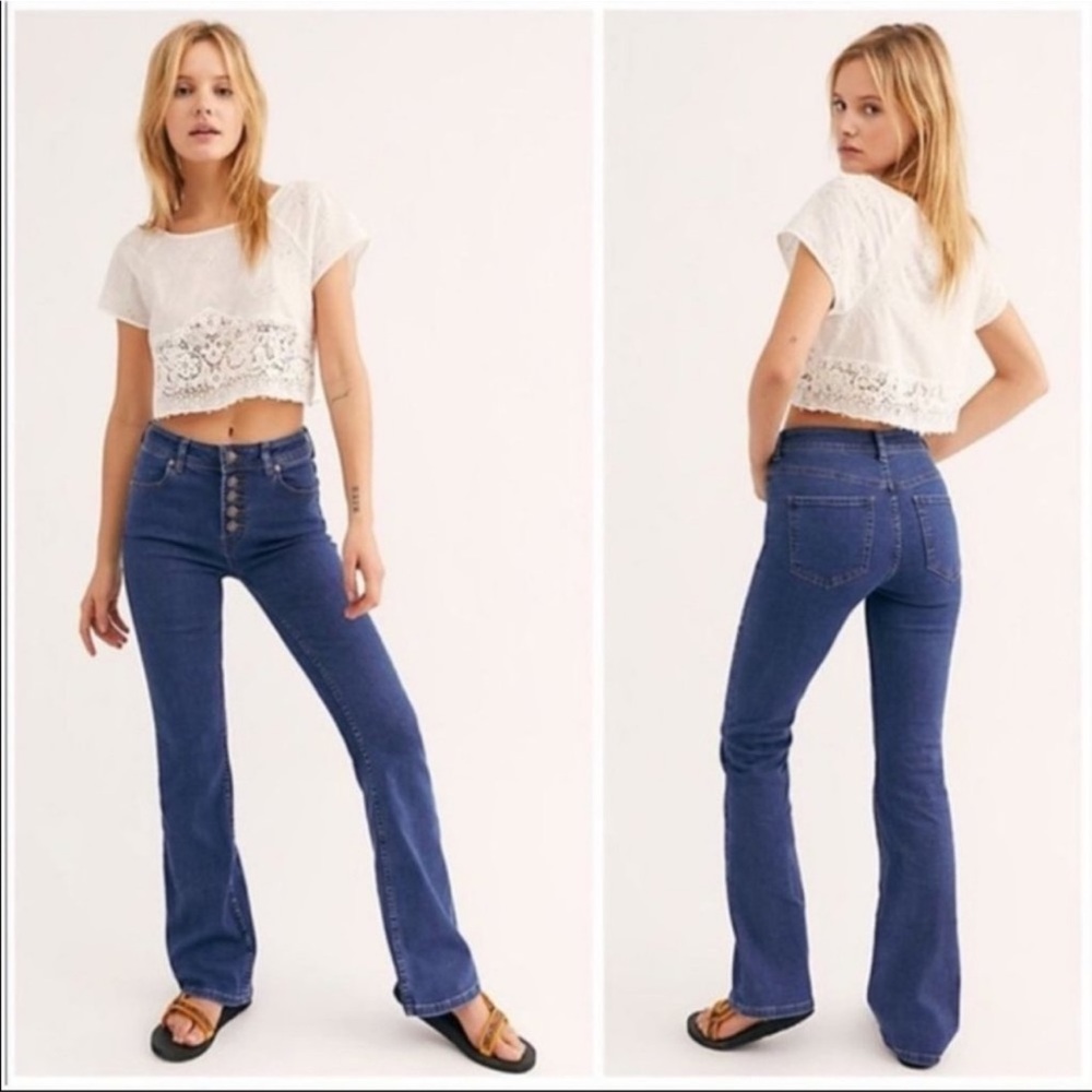 Free People Exposed Button Fly High Rise Flare Denim Jeans Size 26